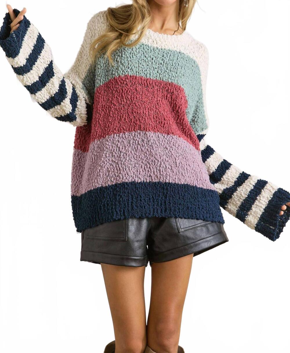 NEW ADORA stripe pattern textured sweater in sage multi